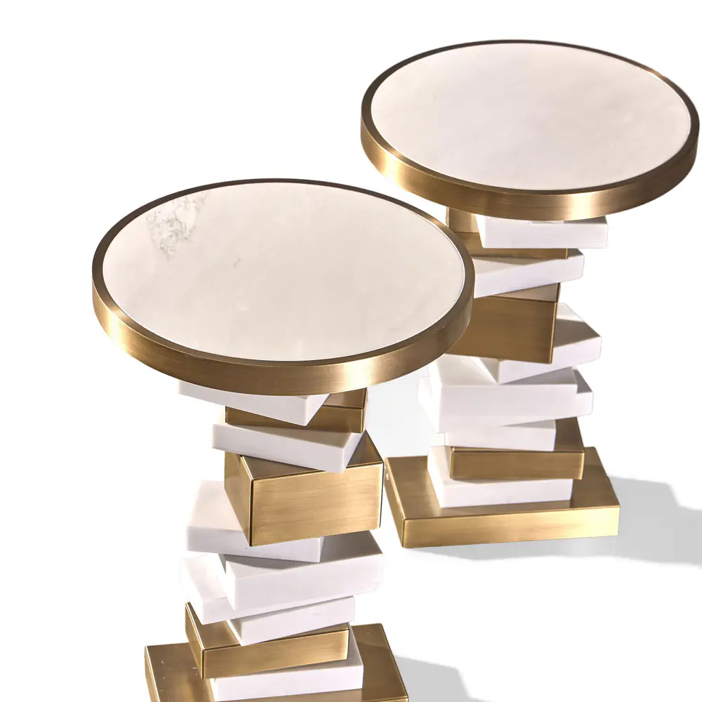 Stacked Geometry Round Side Table – Brass & White