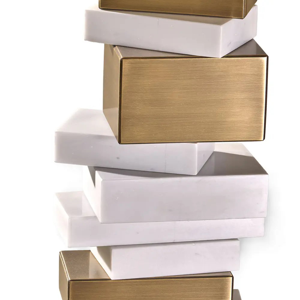 Stacked Geometry Round Side Table – Brass & White