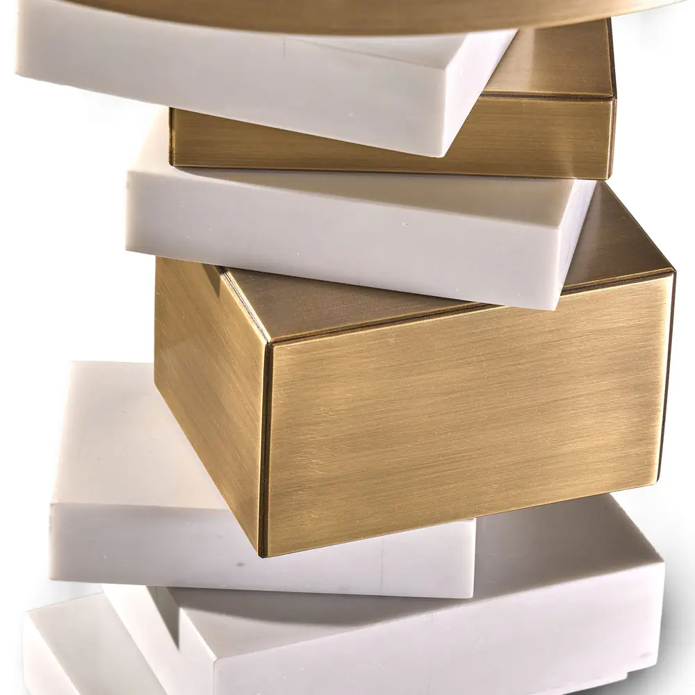 Stacked Geometry Round Side Table – Brass & White