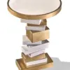 Stacked Geometry Round Side Table – Brass & White