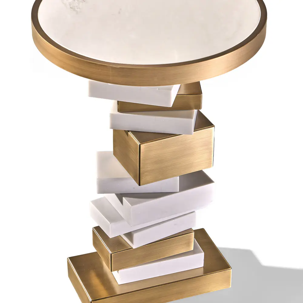 Stacked Geometry Round Side Table – Brass & White