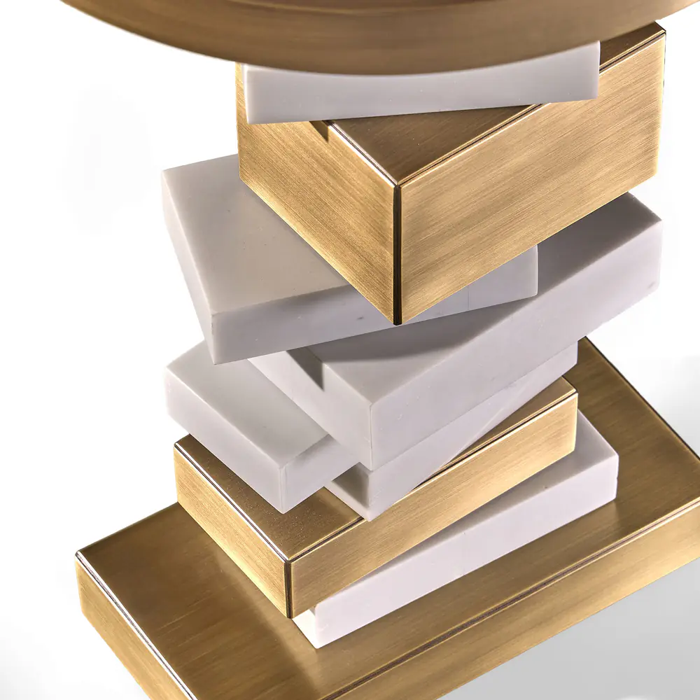 Stacked Geometry Round Side Table – Brass & White