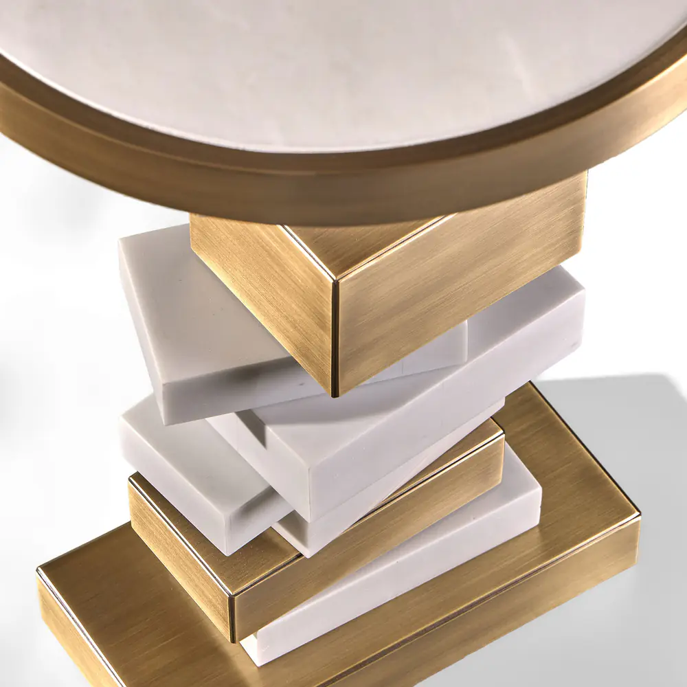 Stacked Geometry Round Side Table – Brass & White