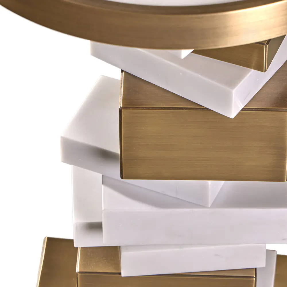 Stacked Geometry Round Side Table – Brass & White