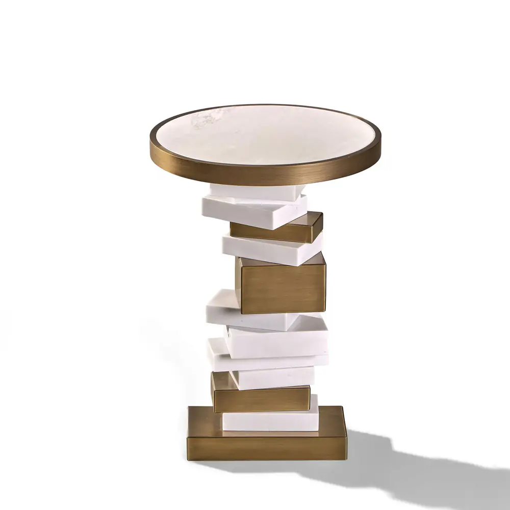 Stacked Geometry Round Side Table – Brass & White