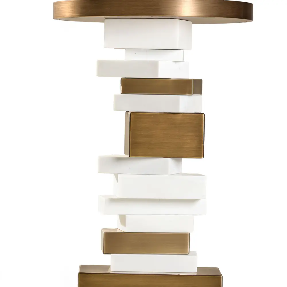 Stacked Geometry Round Side Table – Brass & White